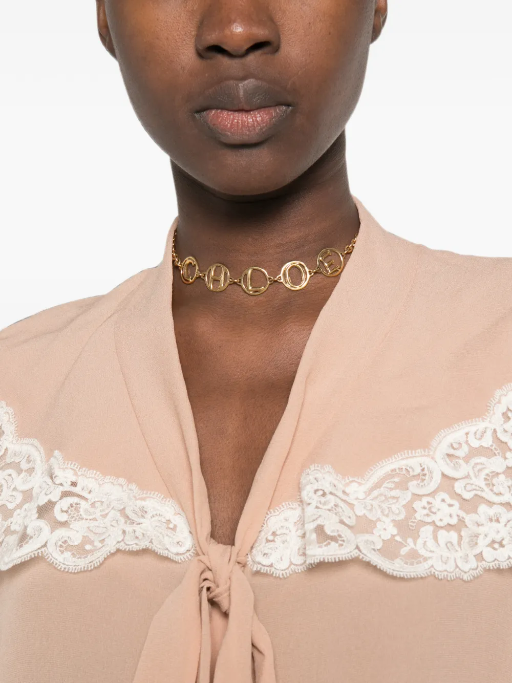 Chloé Gesmockte zijden blouse met georgette en kant Beige