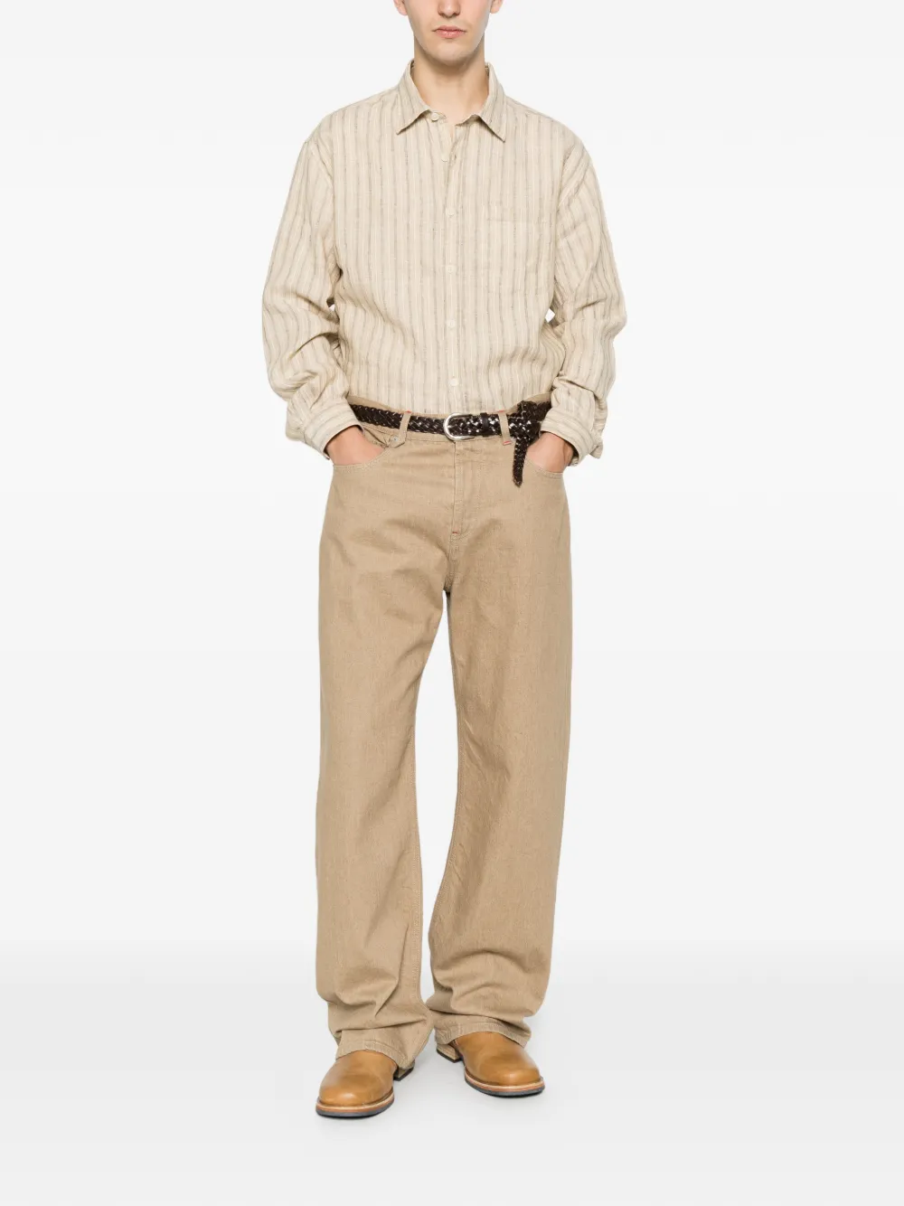 NN07 Deon casual gestreept linnen overhemd Beige