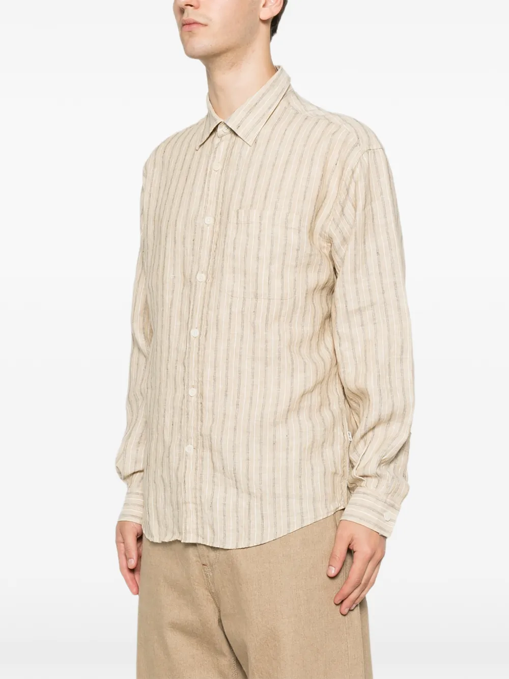 NN07 Deon casual gestreept linnen overhemd Beige
