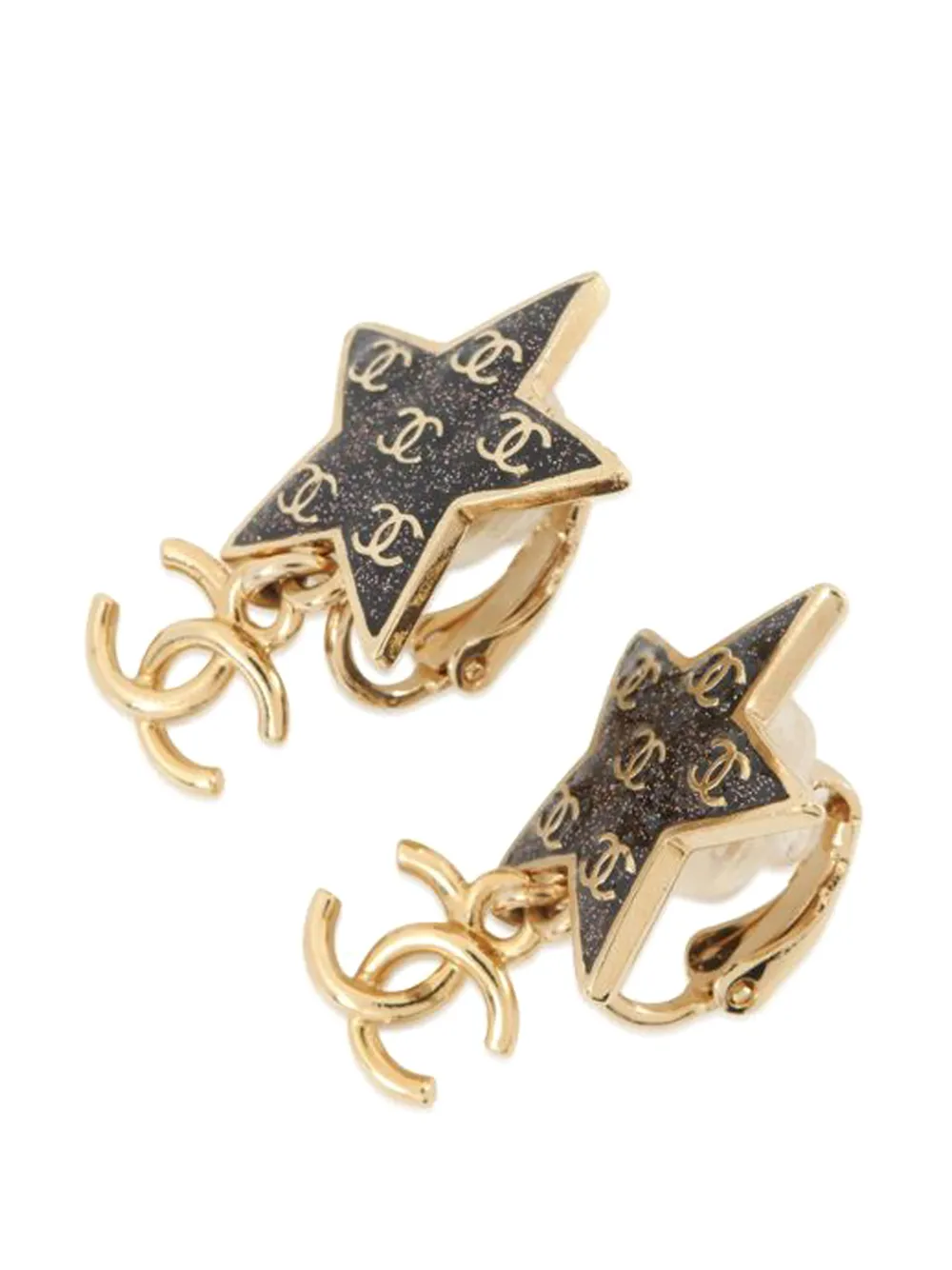  Chanel Pre-owned 2024 Cc Gold Plated Glittered Enamel Star Drop Clip On Earrings Costume Earrings - Black 