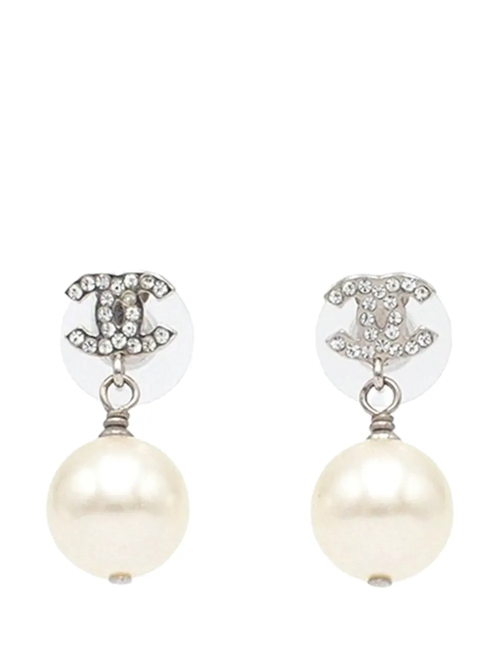 CHANEL Pre-Owned Orecchini pendenti CC placcati argento con perle sintetiche e cristalli 2012 - Bianco