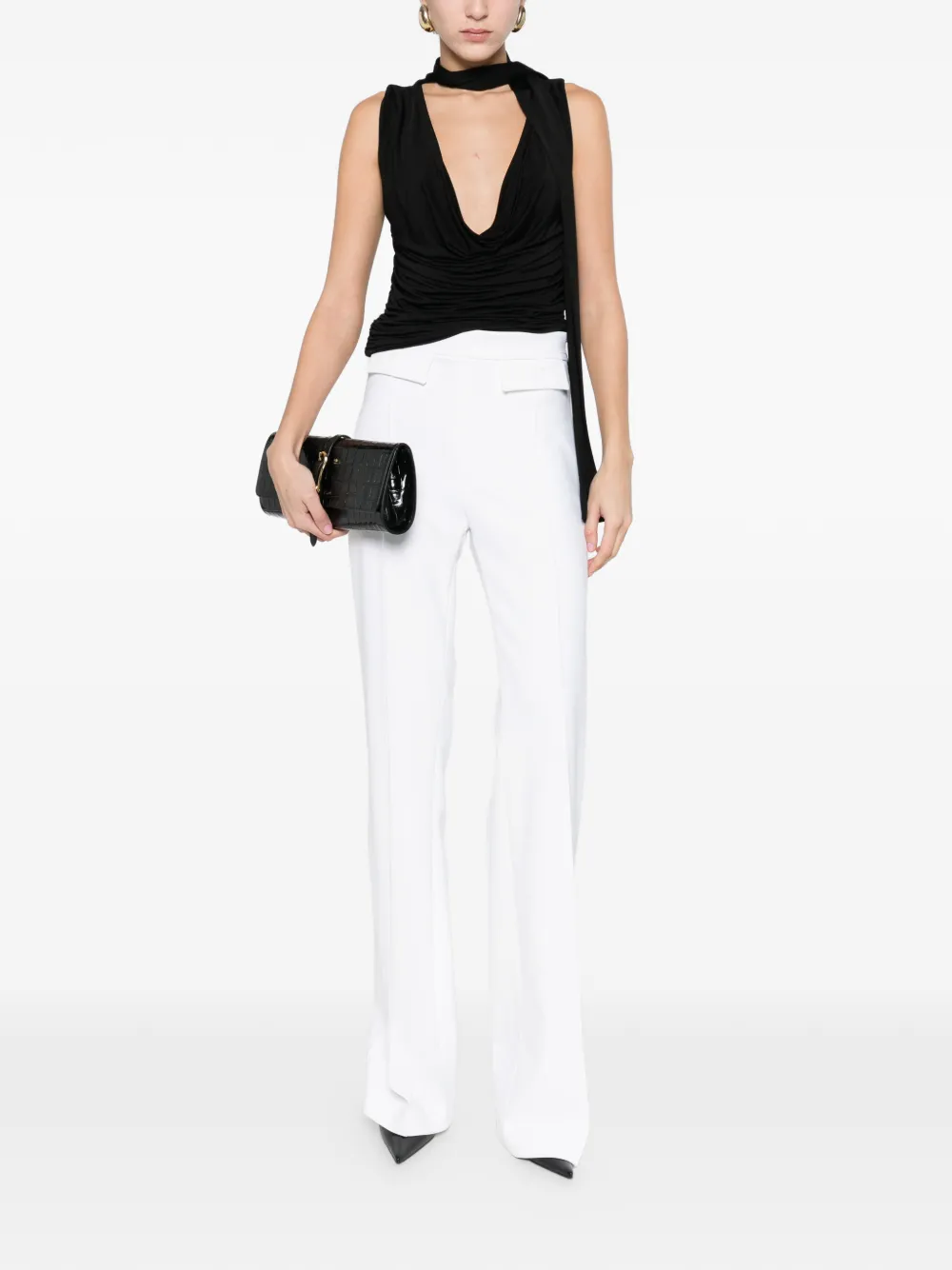 Elisabetta Franchi Broek van gelaagde stretch crêpe stof met geborduurd logo Wit