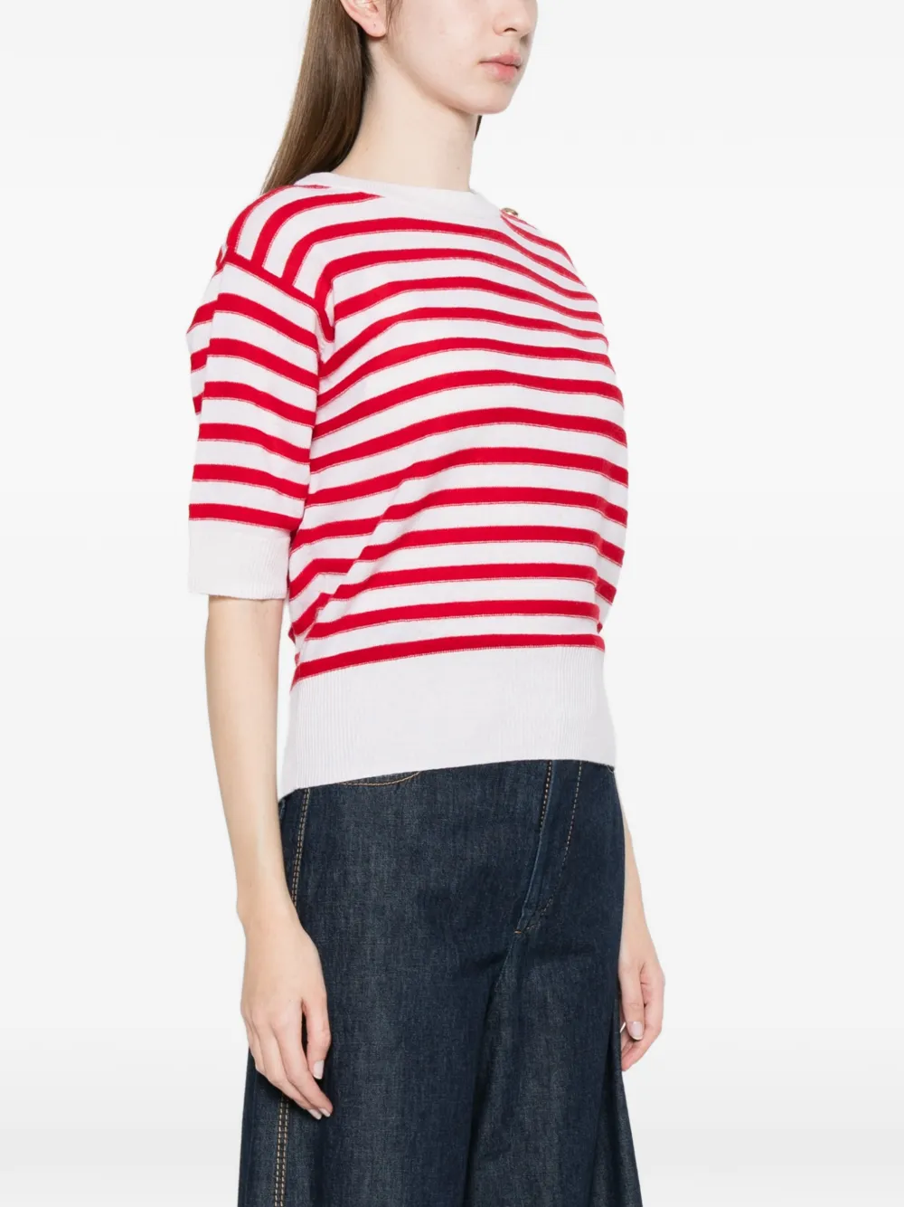  Allude Striped Short-sleeve Top - Red 