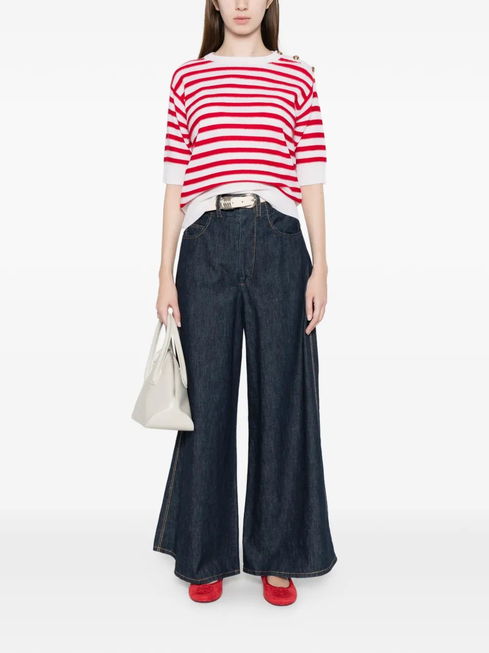  Allude Striped Short-sleeve Top - Red 