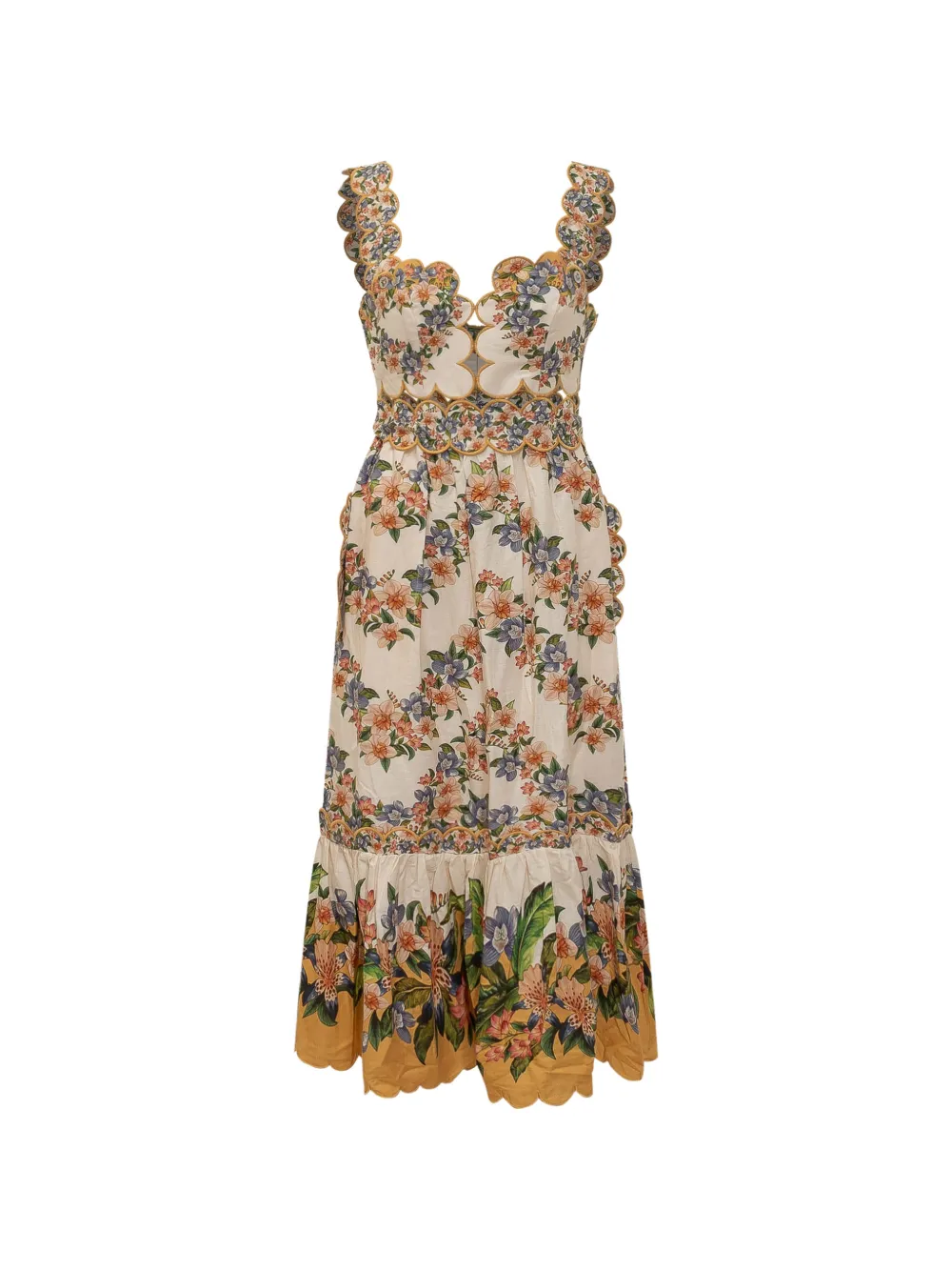 FARM Rio Sand Hilo floral scalloped midi dress - Toni neutri