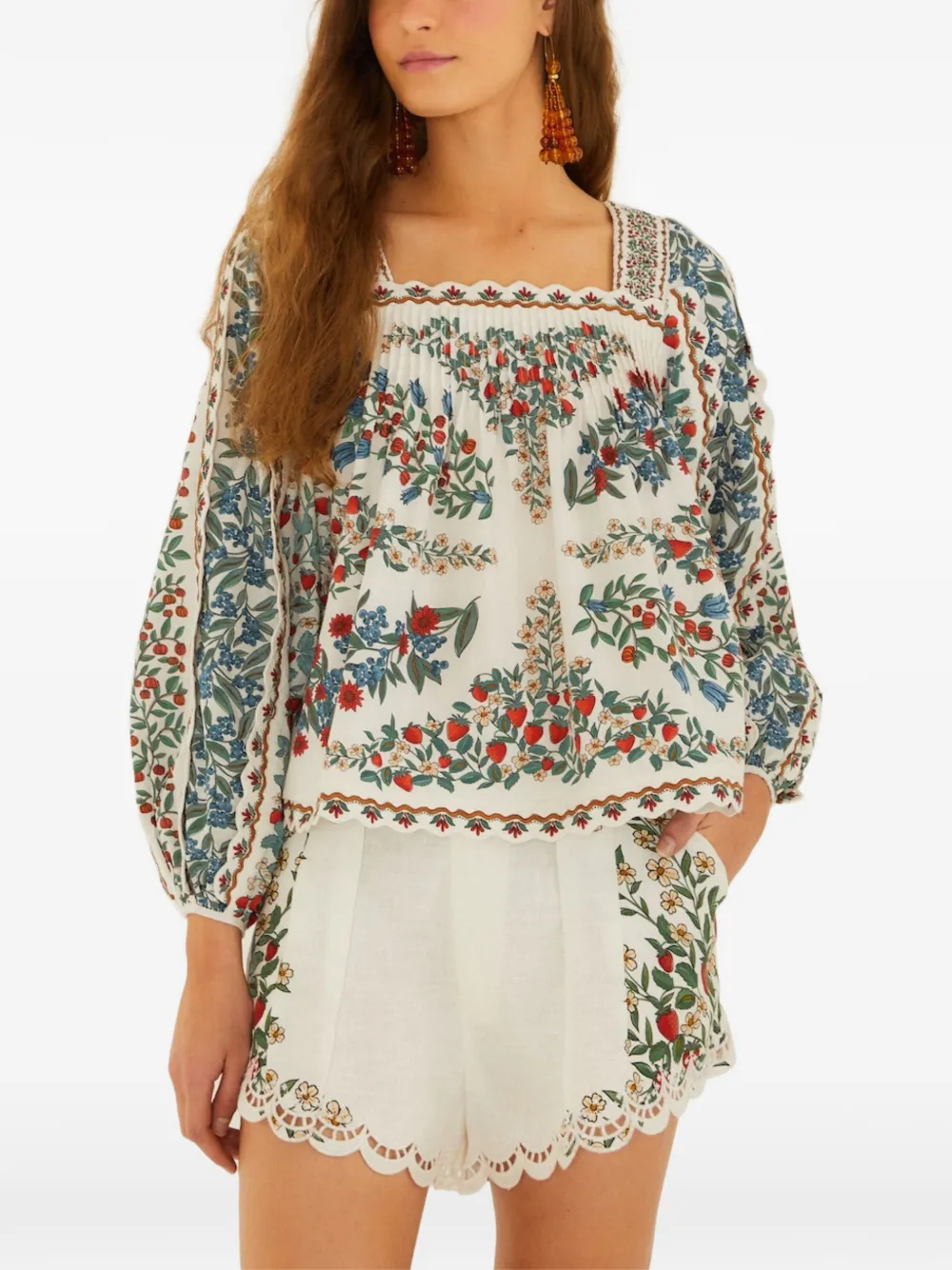 FARM Rio fruit-print scalloped-edge blouse - Bianco