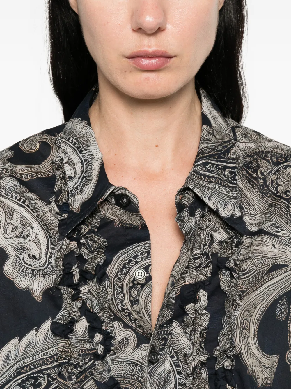R13 Blouse met paisley-print en ruches Zwart