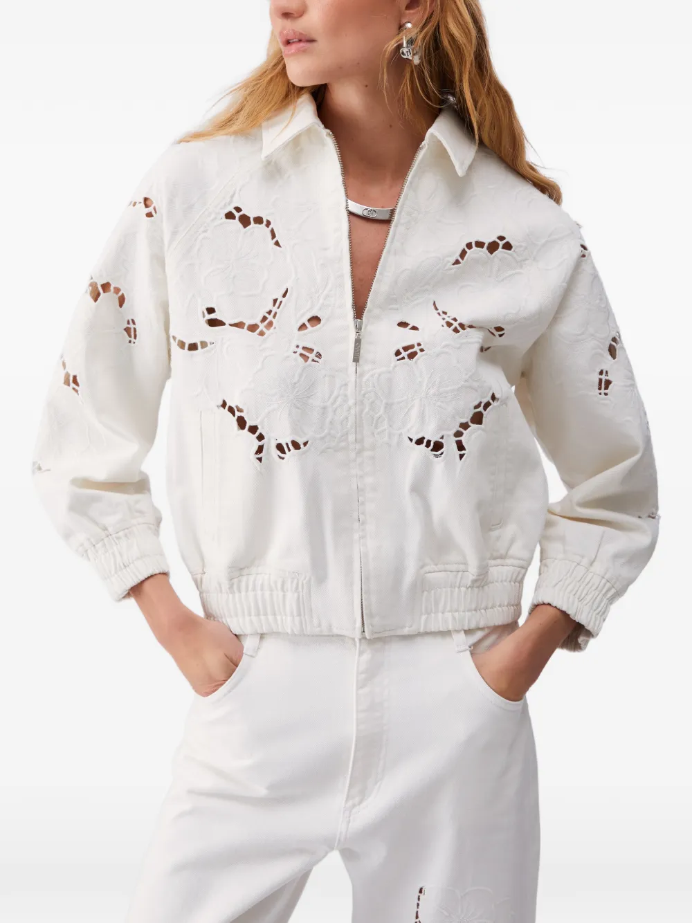  Liu Jo Openwork Embroidered Bomber Jacket - Neutrals 
