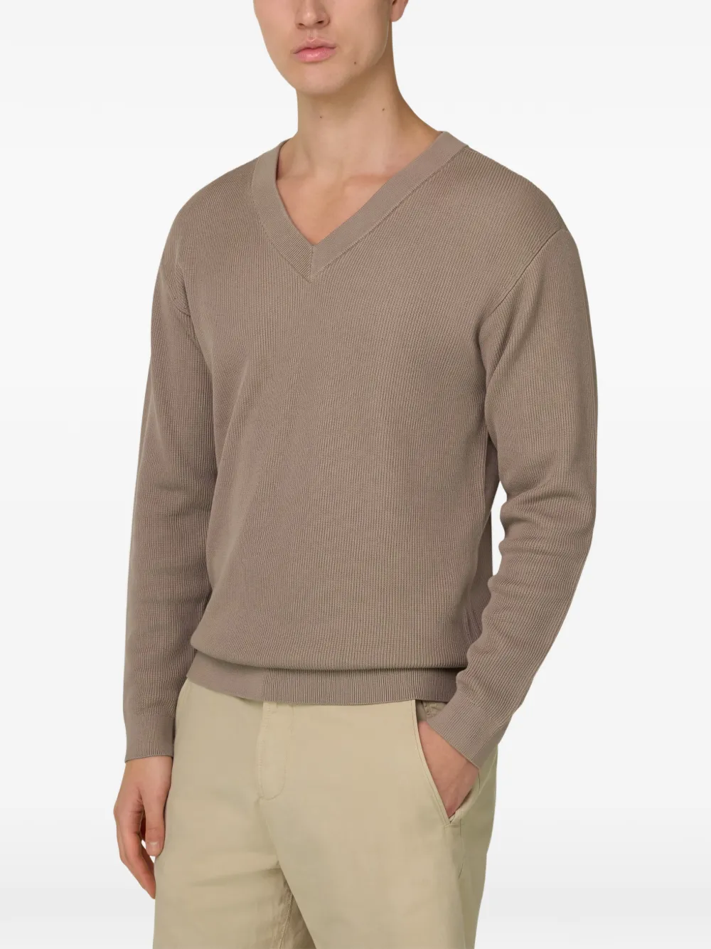 Boggi Milano Geribbelde trui met V-hals Beige