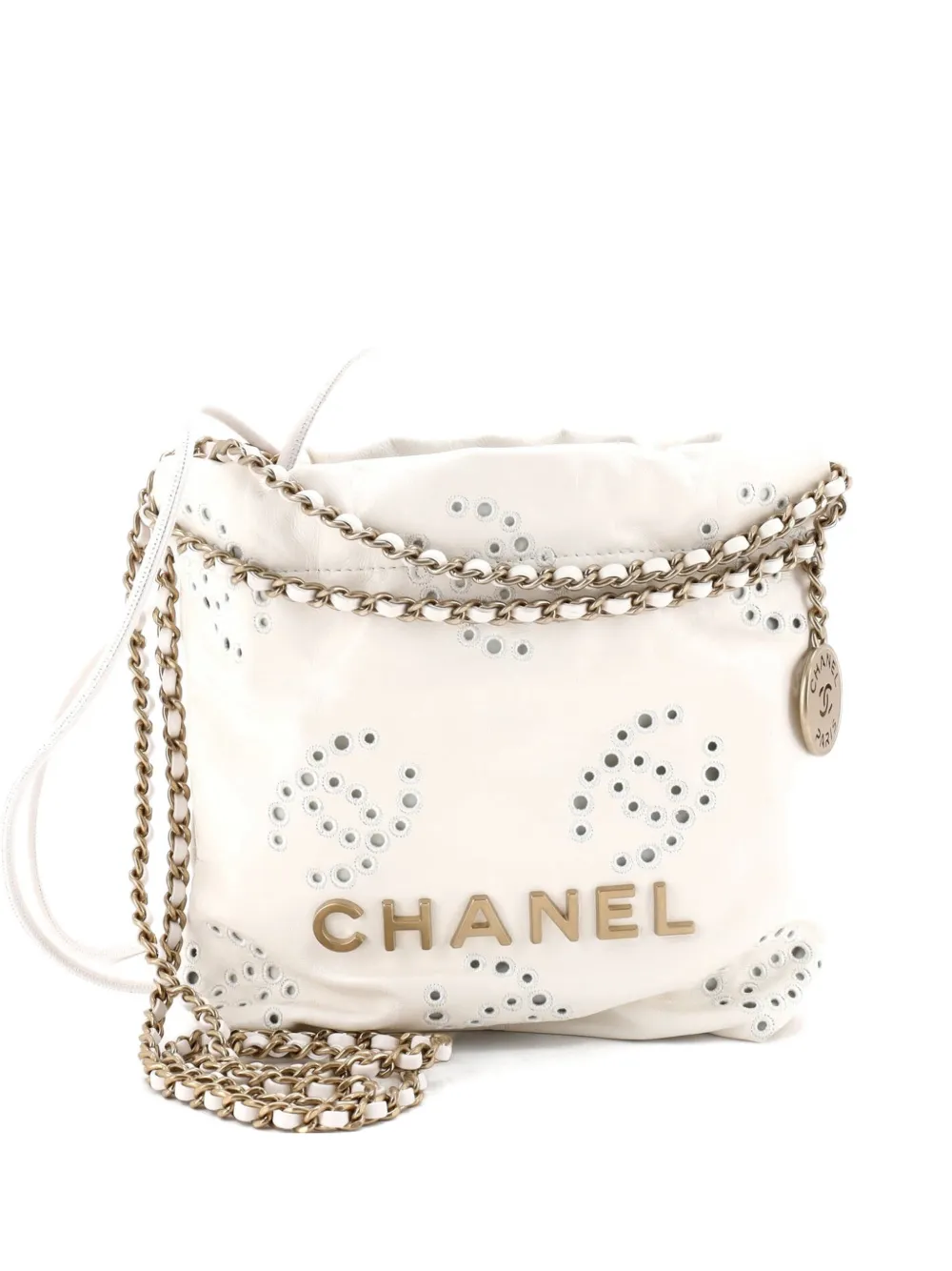 CHANEL Pre-Owned 22 Chain Hobo CC Eyelet Embroidered Calfskin Mini crossbody bag - Bianco