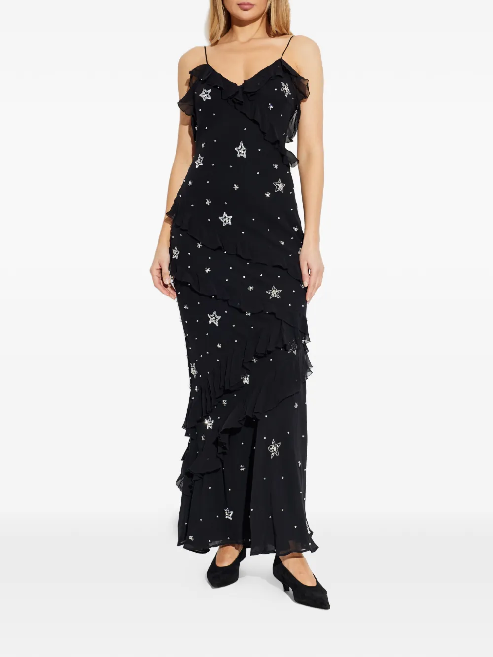LoveShackFancy Rialto maxi-jurk verfraaid met ster en ruches Zwart