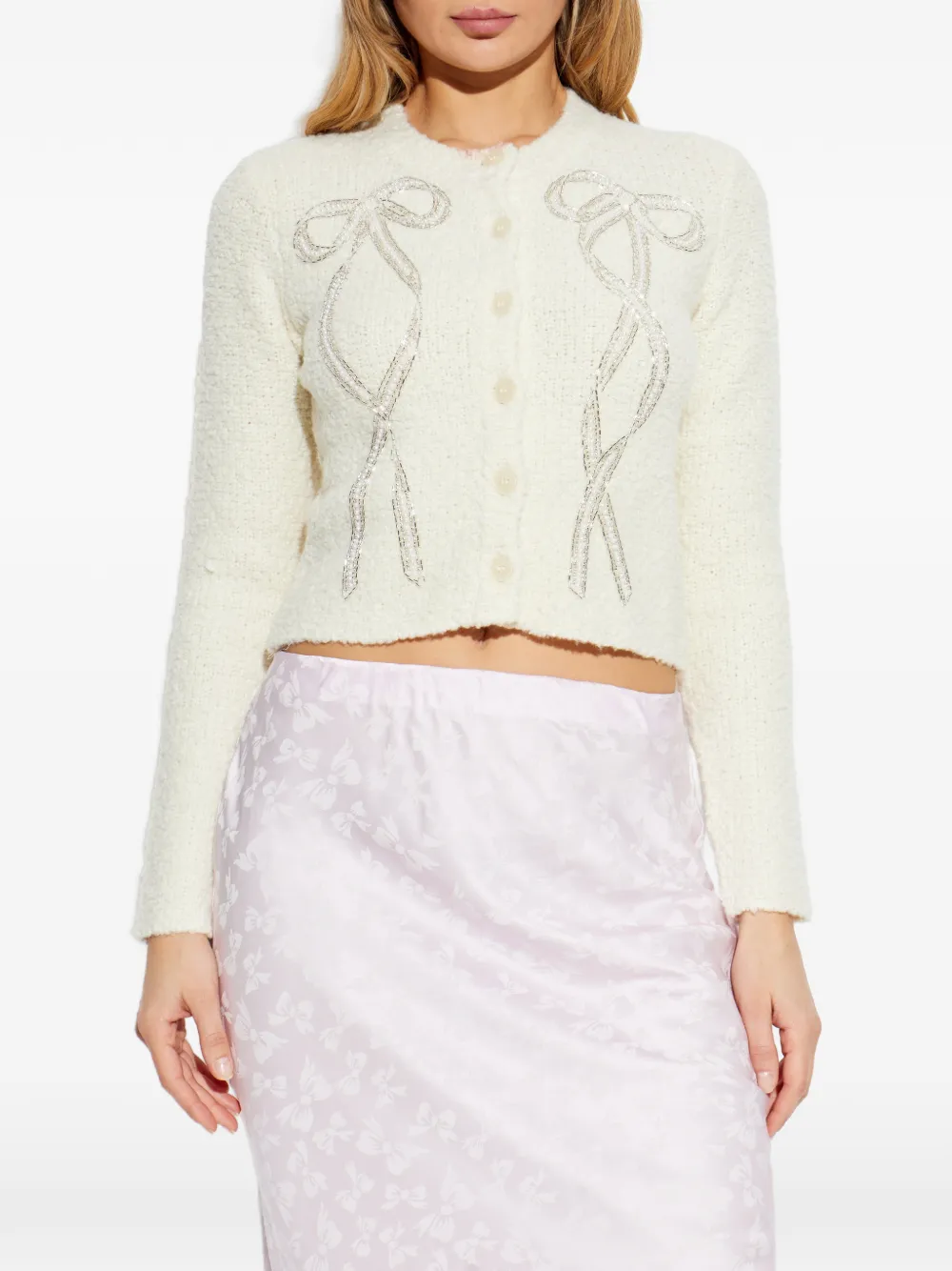  Loveshackfancy Leocadia Beaded Bow Cardigan - Neutrals 
