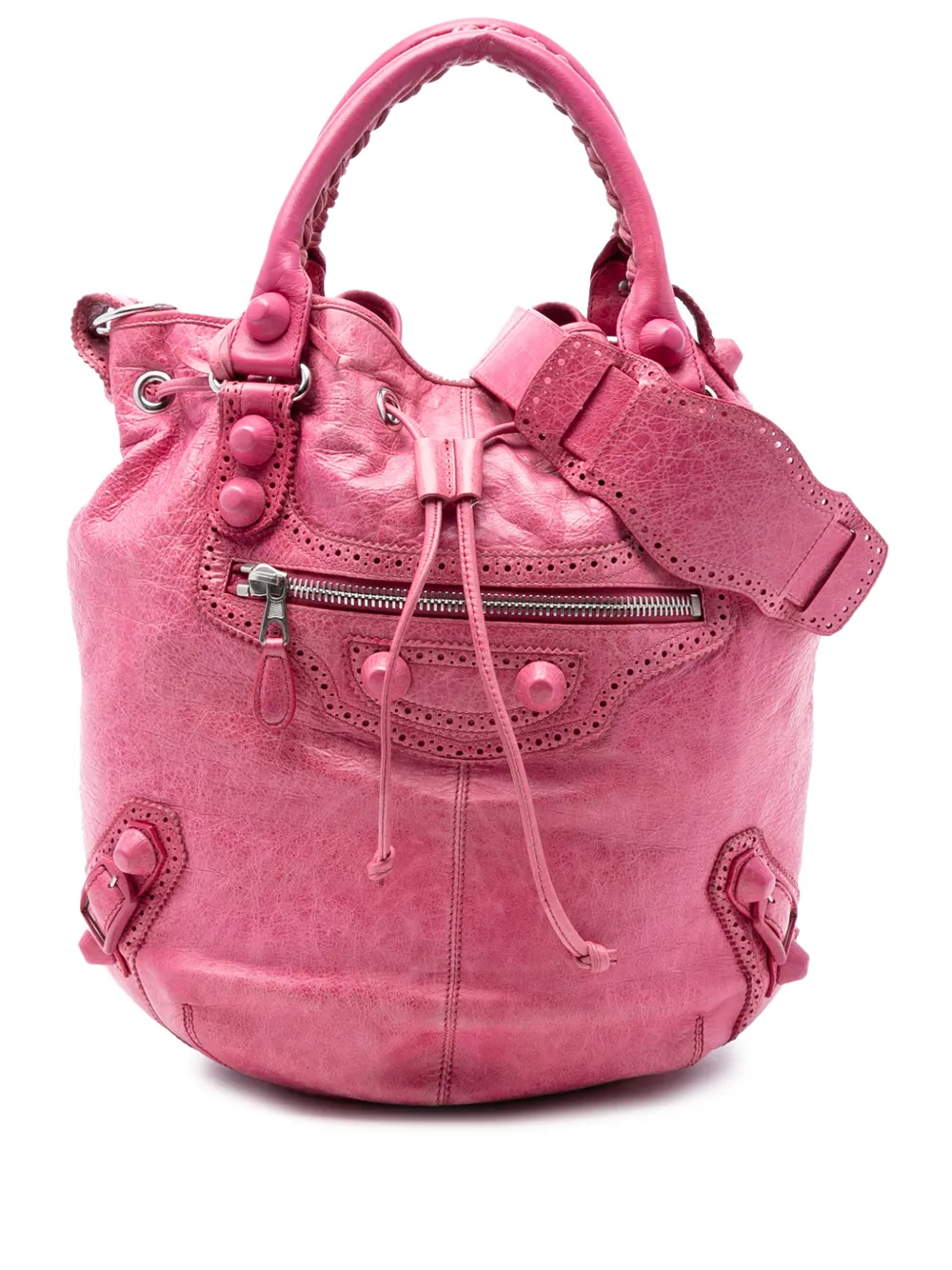 Balenciaga Pre-Owned 2005-2025 Lambskin Motocross Giant Brogues Pompon Bucket Bag satchel - Rosa