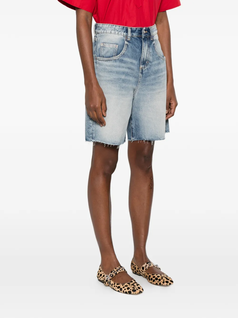  Icon Denim Frayed Denim Shorts - Blue 