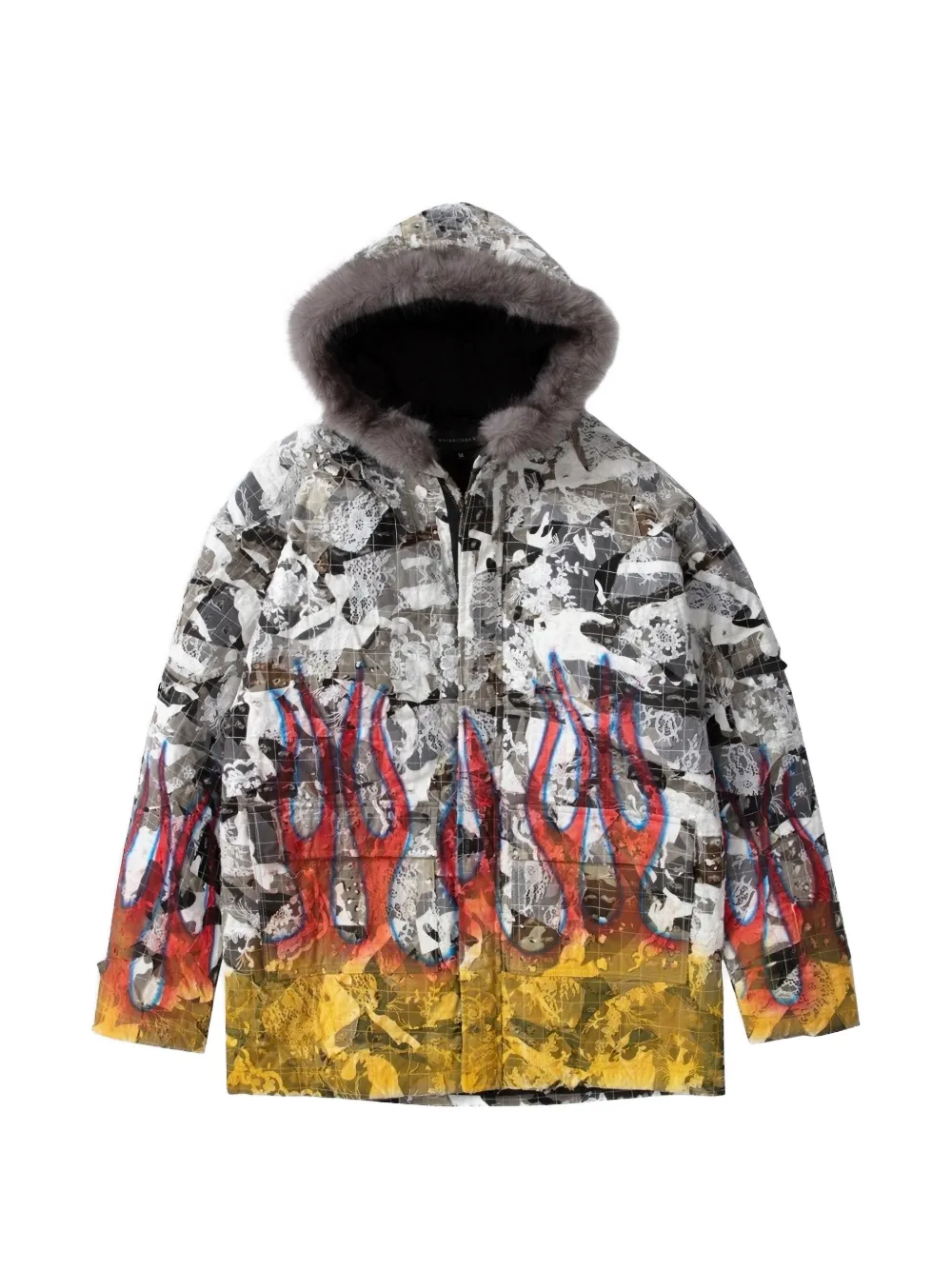 Who Decides War flame-print hooded parka coat - Grigio