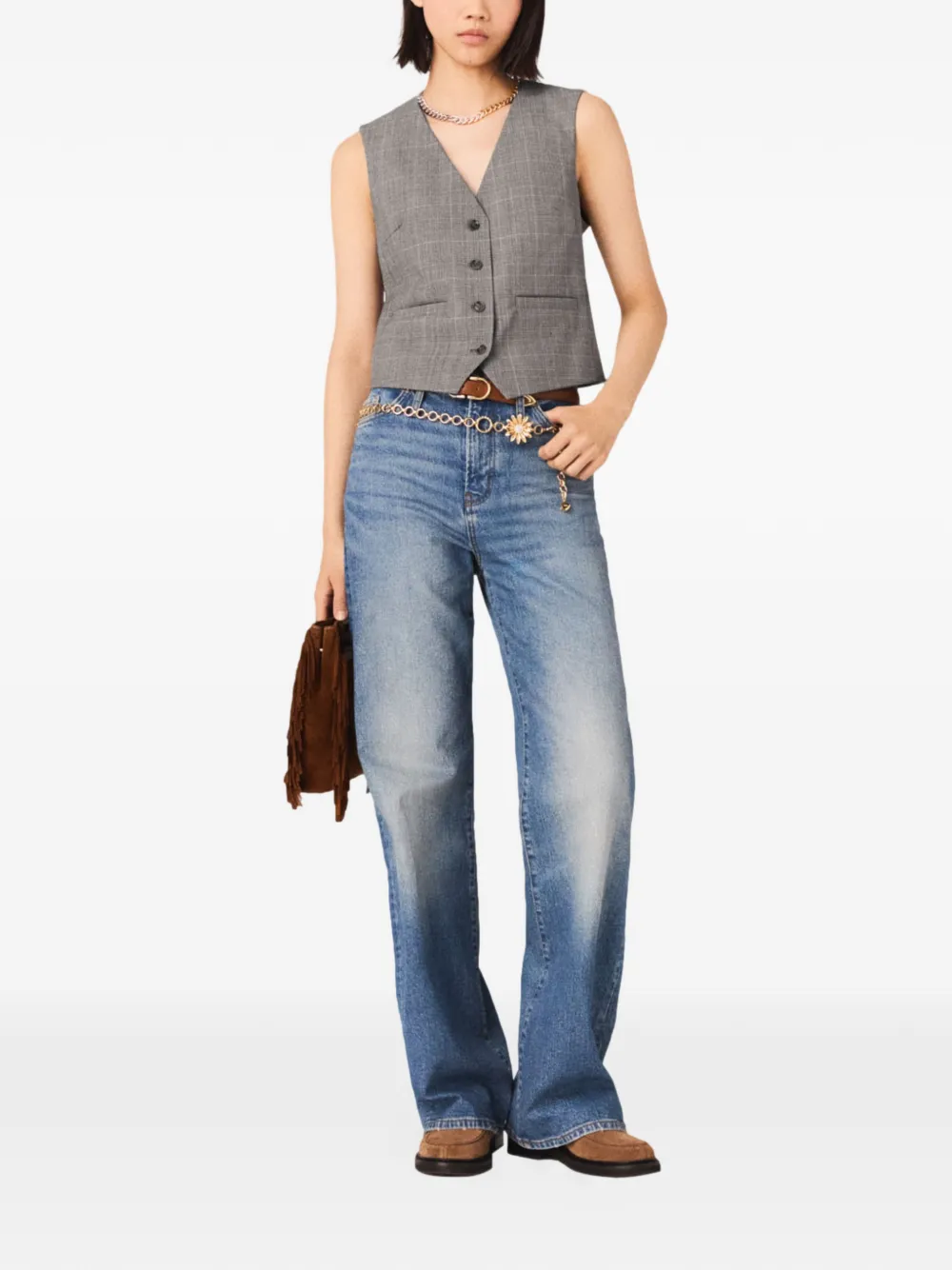  Maje Checked Buttoned Waistcoat - Grey 