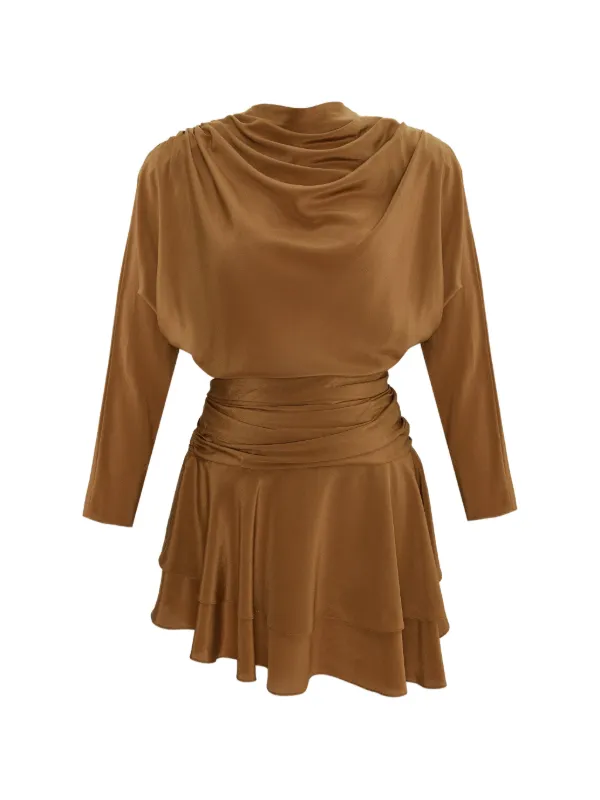 brown draped mini dress Boat Neck Cowl Back Draped Detail Mini Dress In Brown | EGO US