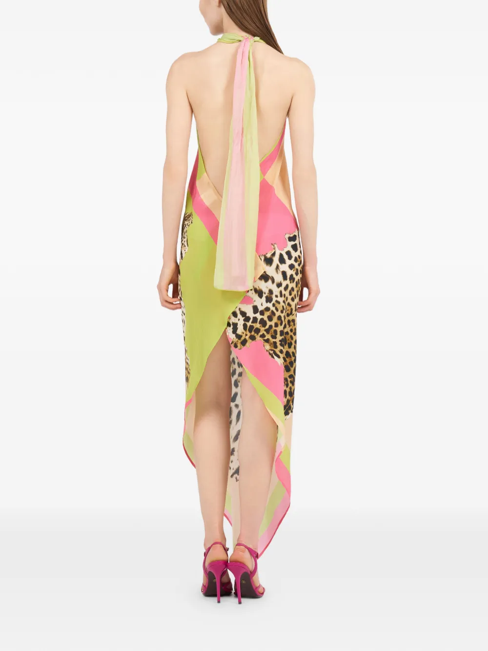 Roberto Cavalli Jurk met halternek en dierenprint Beige