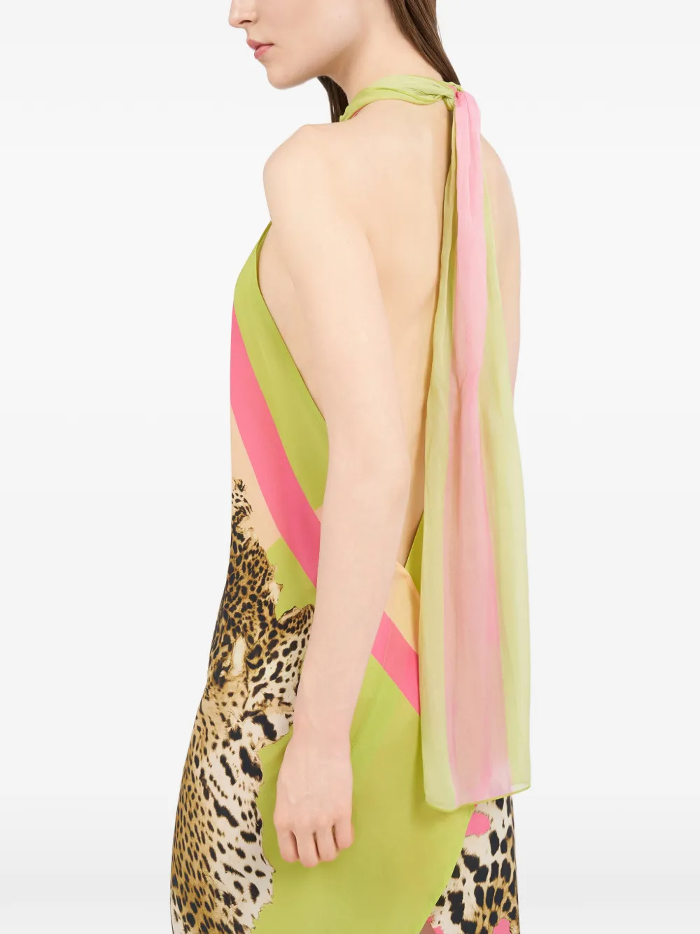 Roberto Cavalli Jurk met halternek en dierenprint Beige