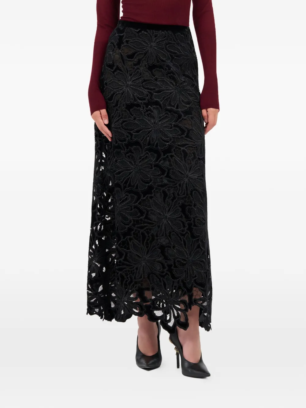 Roberto Cavalli Maxi-rok met bloemenkant Zwart