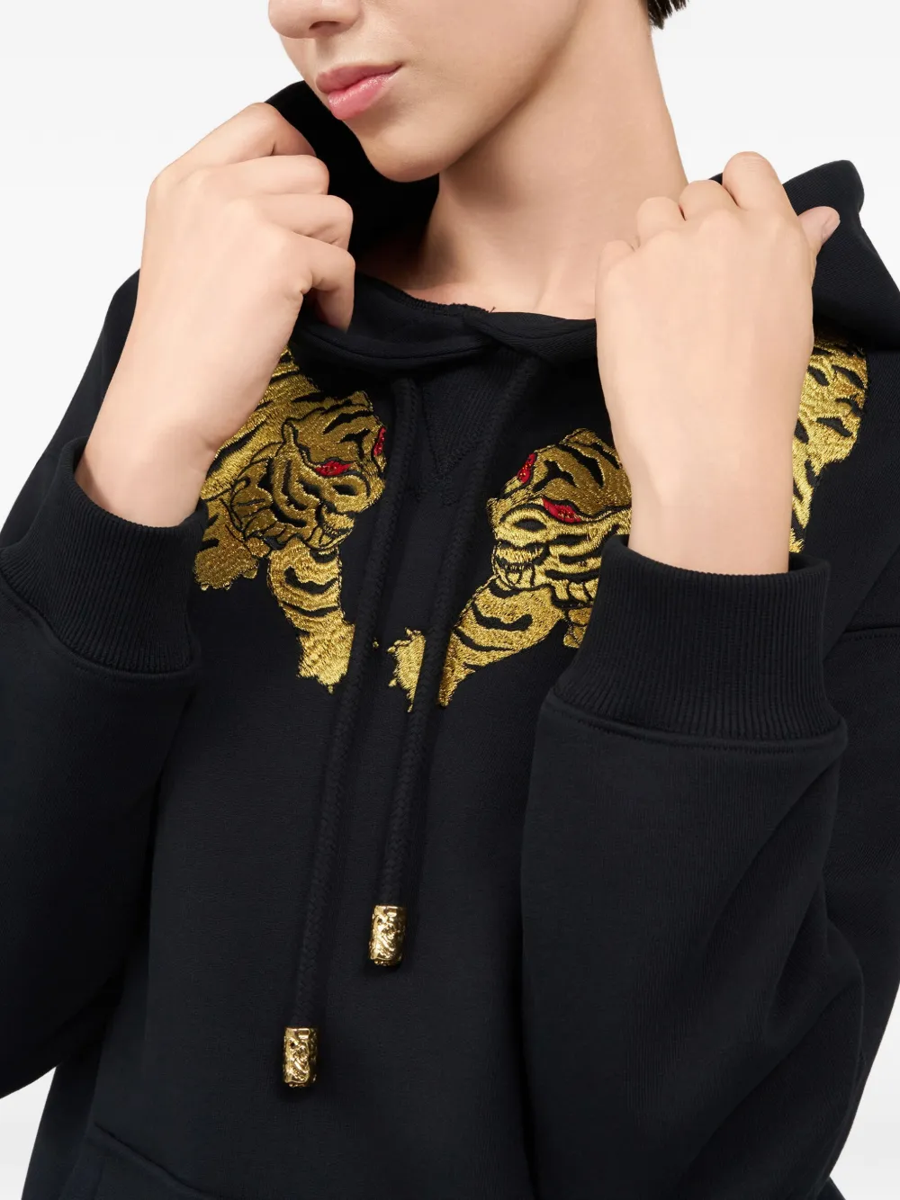 Roberto Cavalli Hoodie met geborduurde tijger en trekkoord Zwart