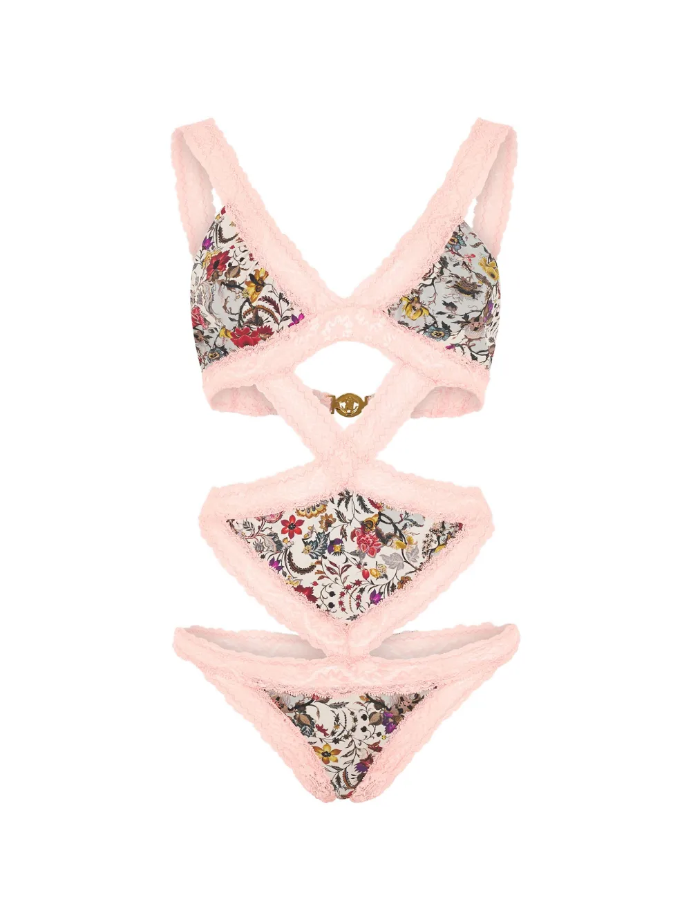 Roberto Cavalli floral-print lace-trim swimsuit - Rosa