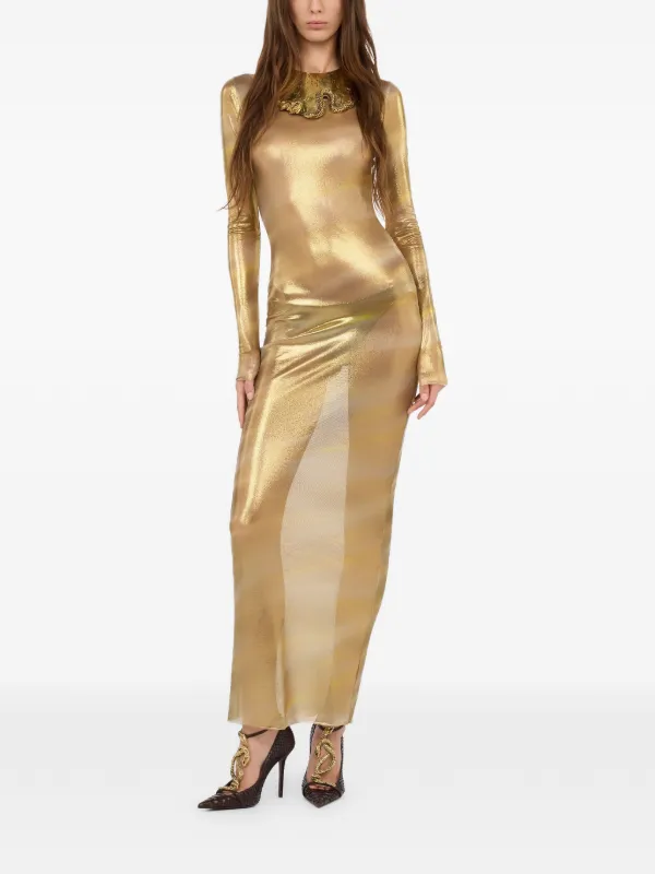 Roberto Cavalli Sheer marble-print Maxi Dress | Gold | FARFETCH IE