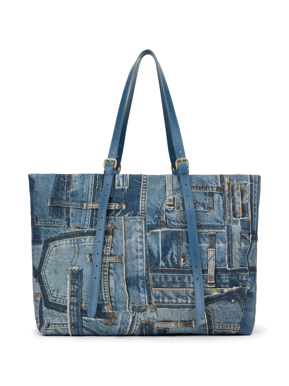 Roberto Cavalli shopper met denim patchwork en slangenmonogram Blauw