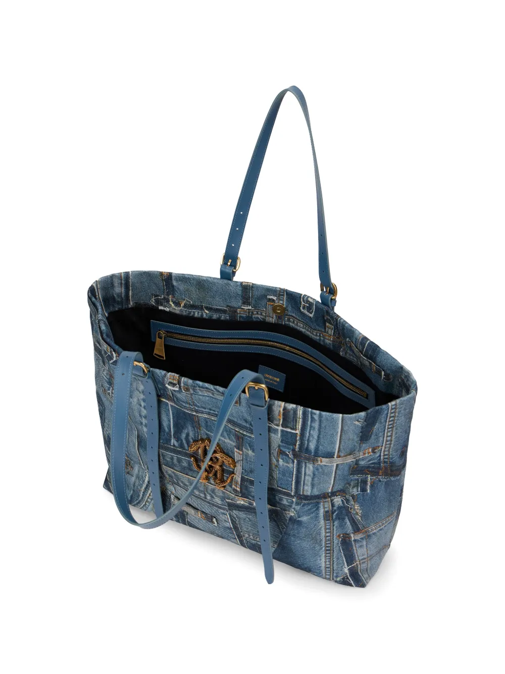 Roberto Cavalli shopper met denim patchwork en slangenmonogram Blauw