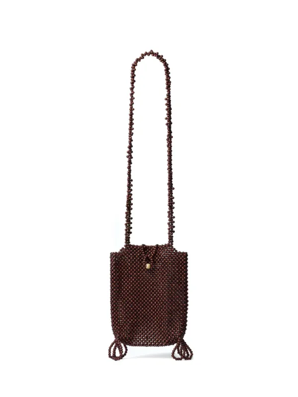 Lemaire Grigri Phone Holder in Wooden Beads in Brown