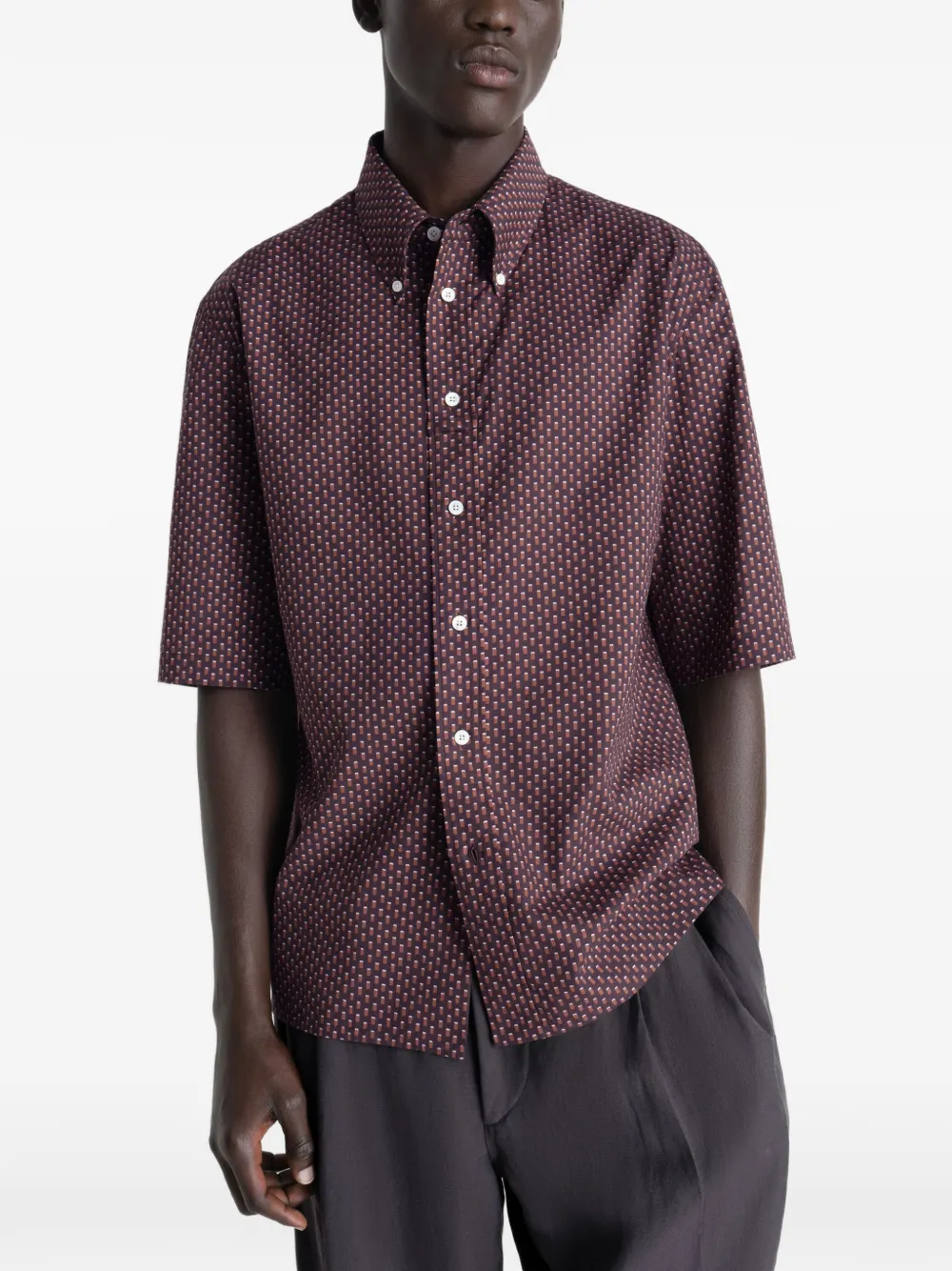  Lemaire Geometric-print Button-down Shirt - Brown 