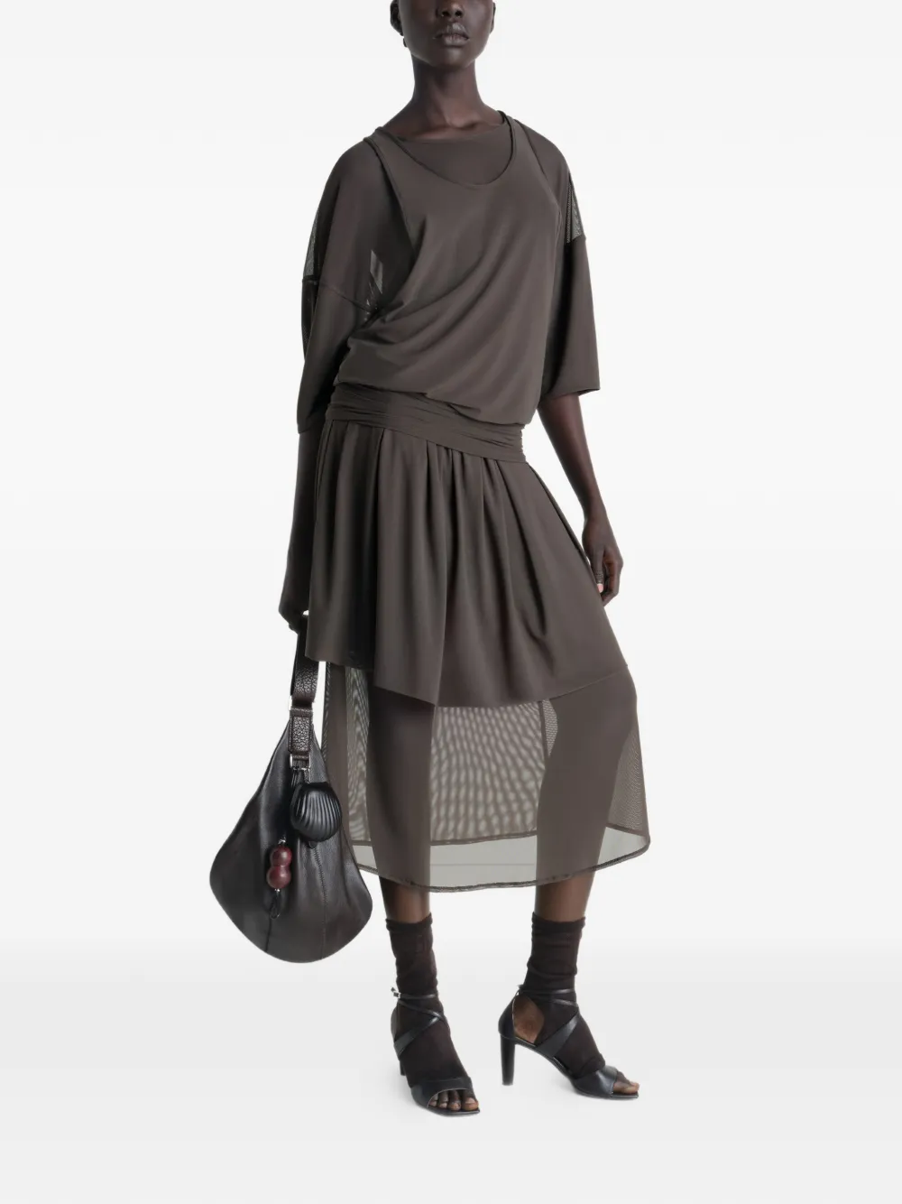  Lemaire Draped Mesh Double Layer Dress - Brown 