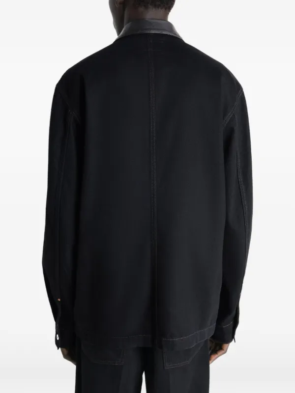 LEMAIRE Workwear Overshirt With Leather Collar In Denim | Black