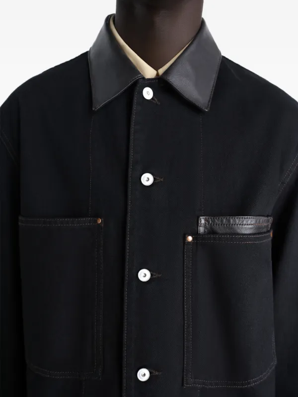 LEMAIRE Workwear Overshirt With Leather Collar In Denim | Black