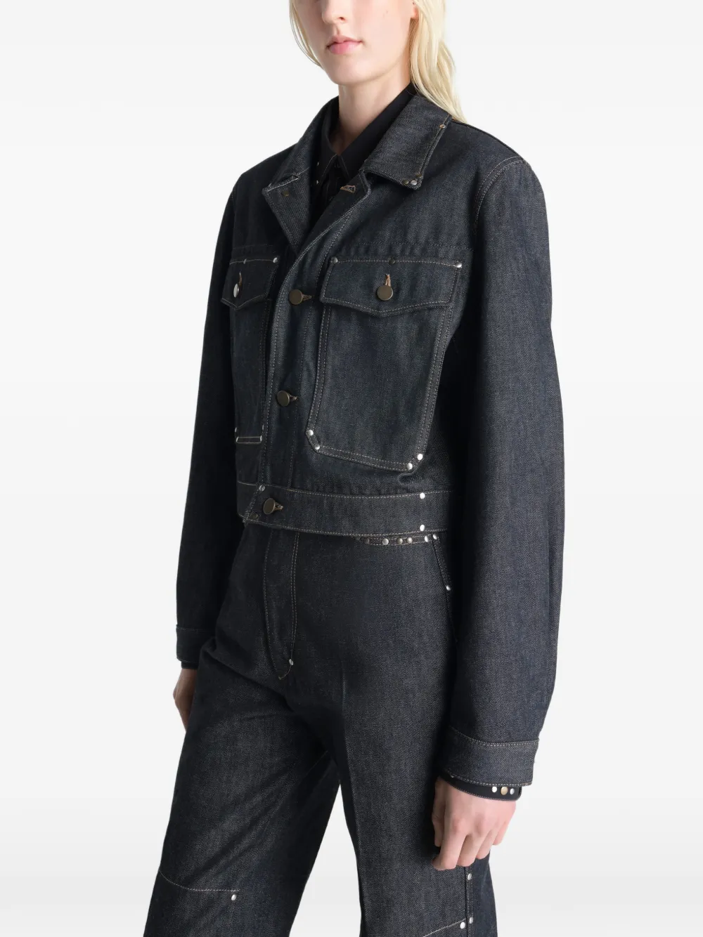  Lemaire Studded Cropped Denim Jacket - Blue 