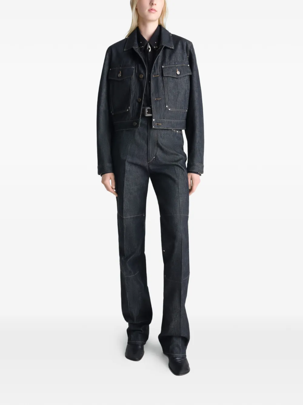 Lemaire Studded Cropped Denim Jacket - Blue 