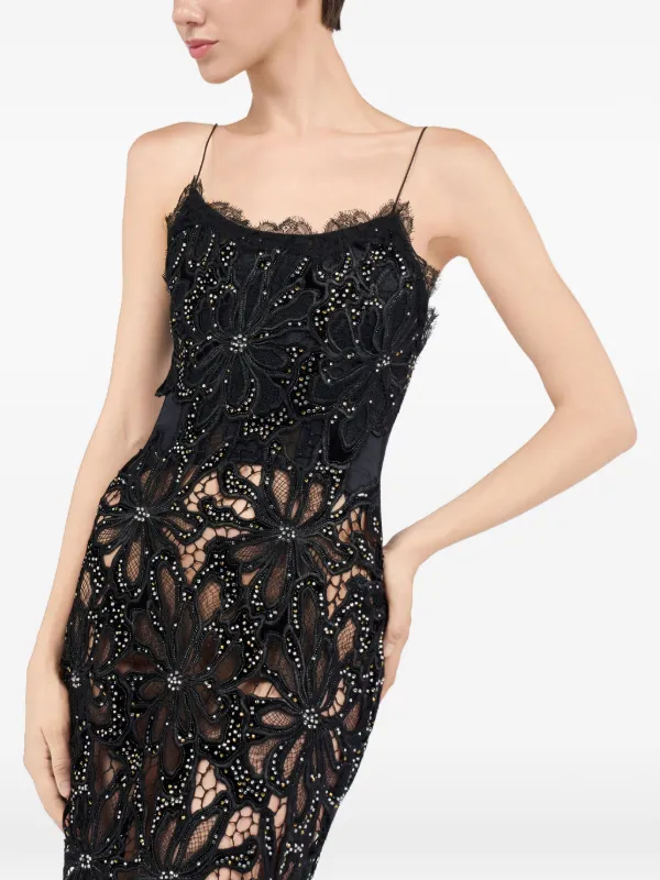 roberto cavalli black lace dress Leather And Lace Maxi Dress in Black for Women