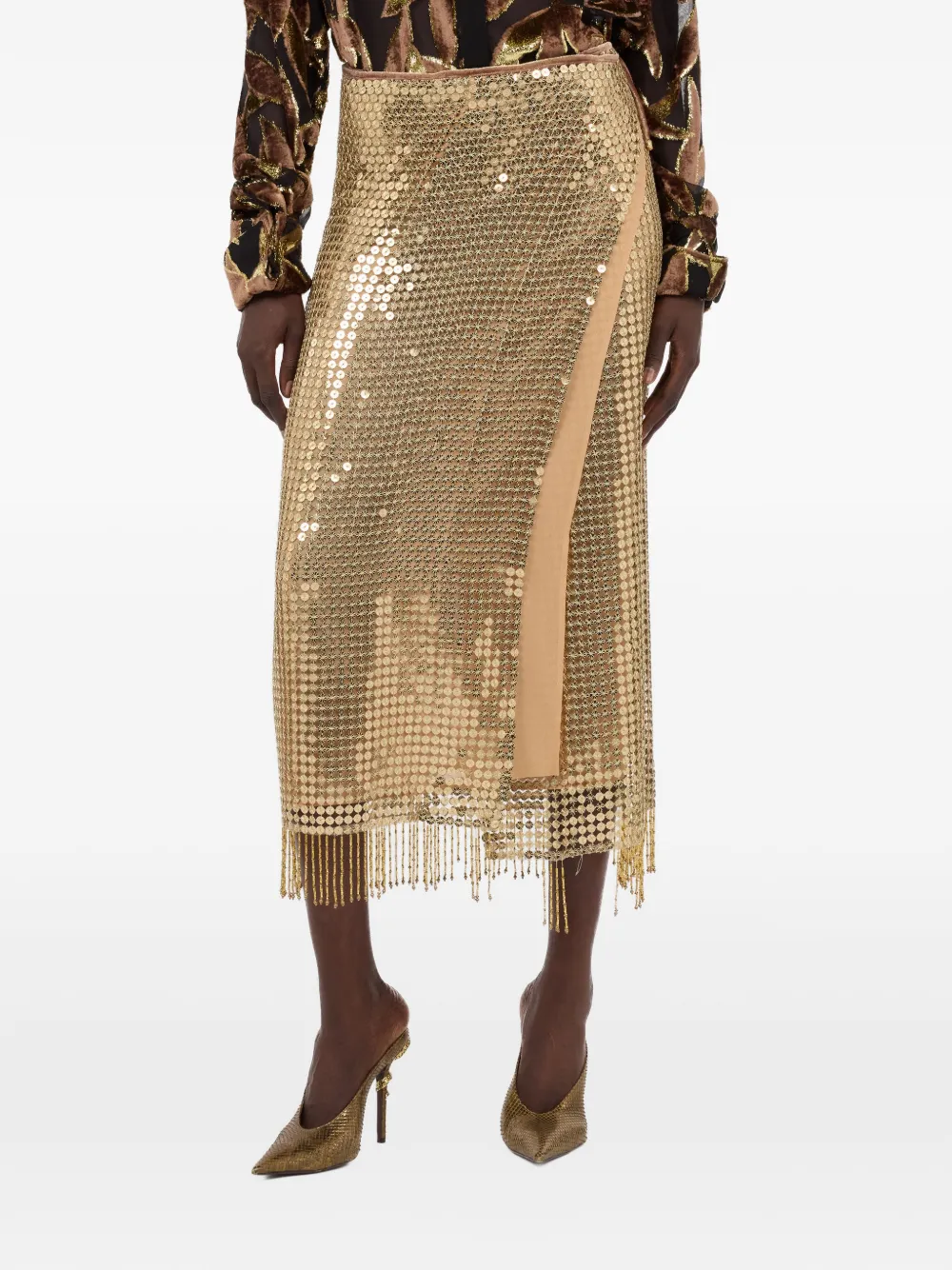  Roberto Cavalli Sequin Fringed Midi Skirt - Gold 