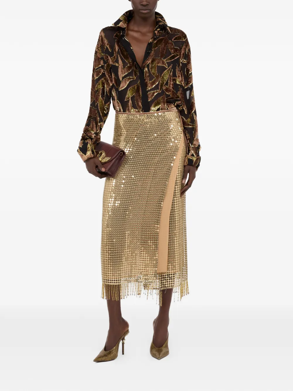  Roberto Cavalli Sequin Fringed Midi Skirt - Gold 