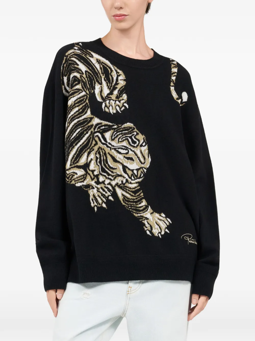 Roberto Cavalli Trui met ronde hals en tijgerprint Zwart