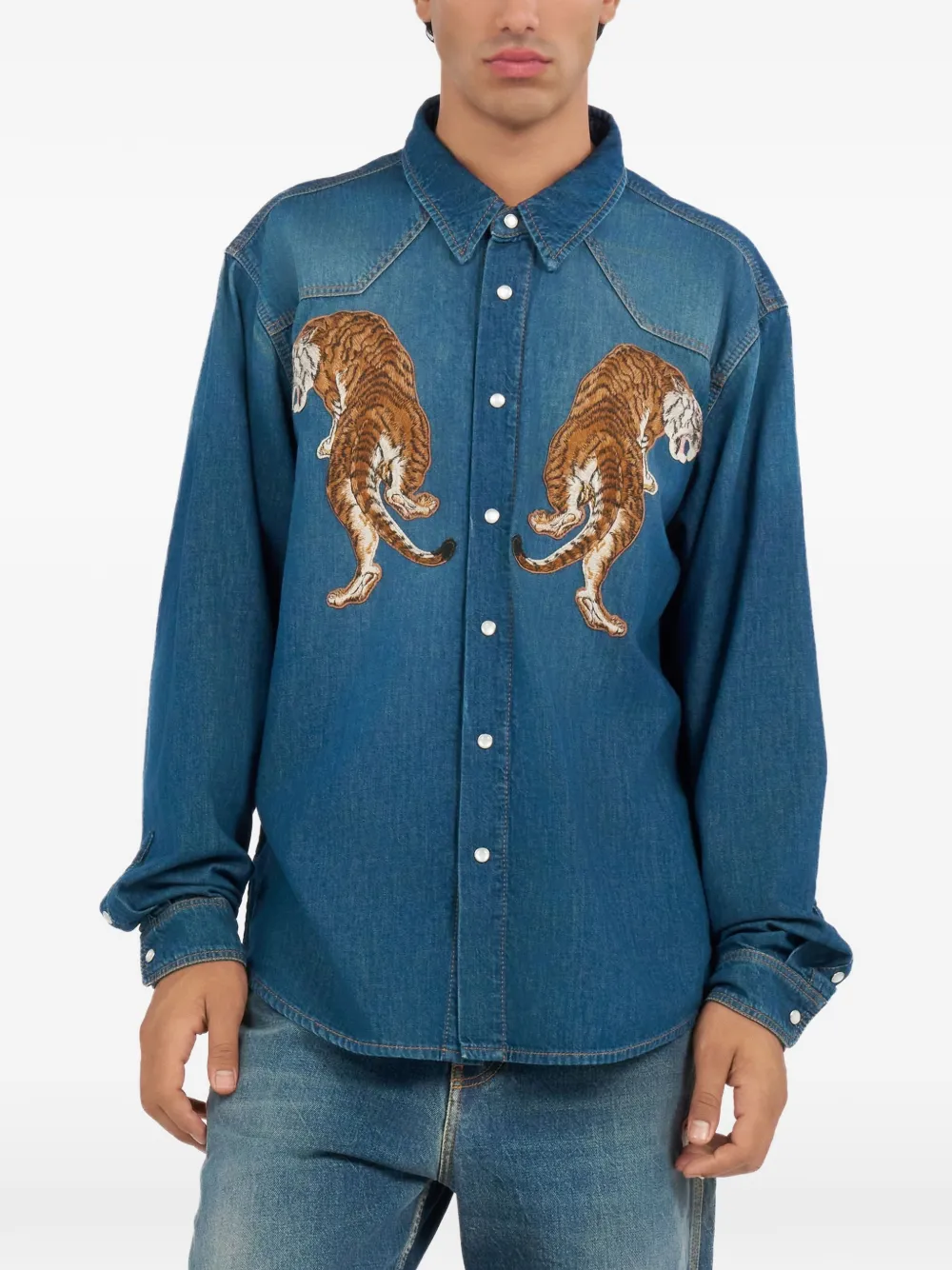 Roberto Cavalli Overhemd met tijgerapplicatie Blauw