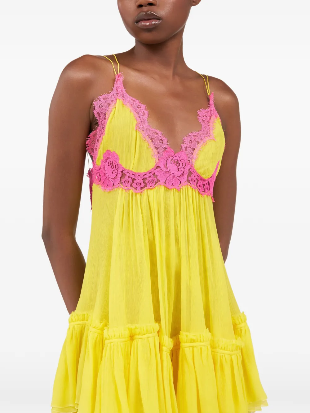 Roberto Cavalli Mini-jurk met ruches en kant Geel