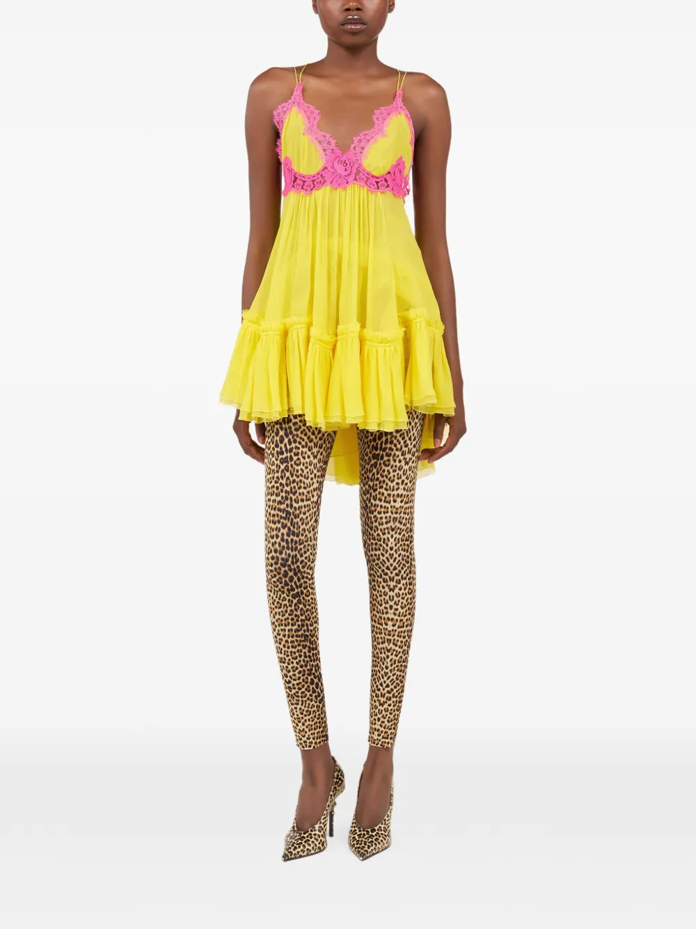 Roberto Cavalli Mini-jurk met ruches en kant Geel