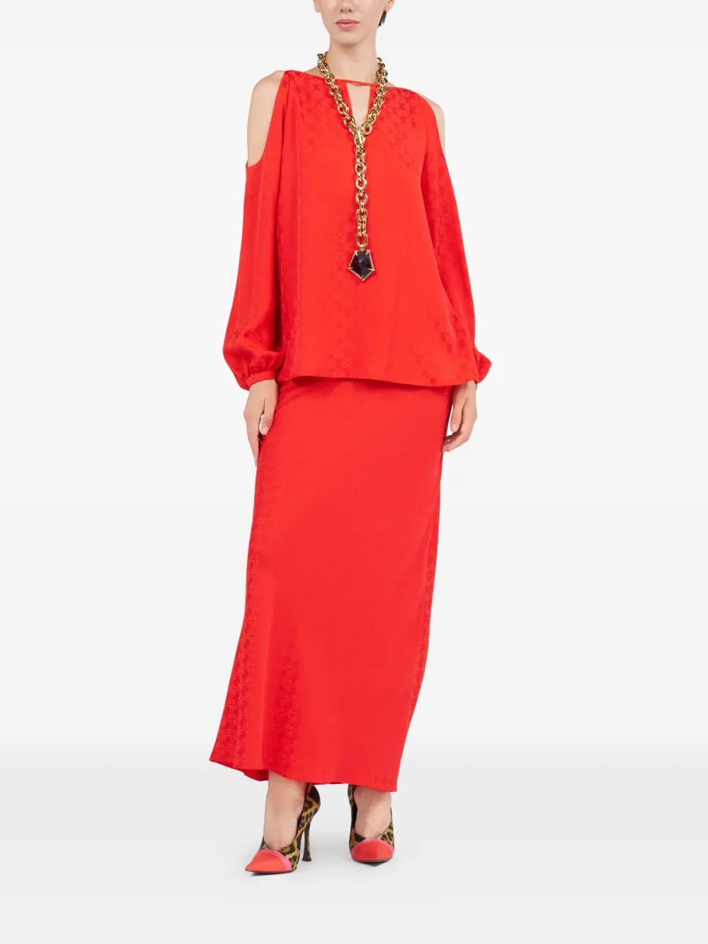  Roberto Cavalli Monogram-pattern Maxi Skirt - Red 