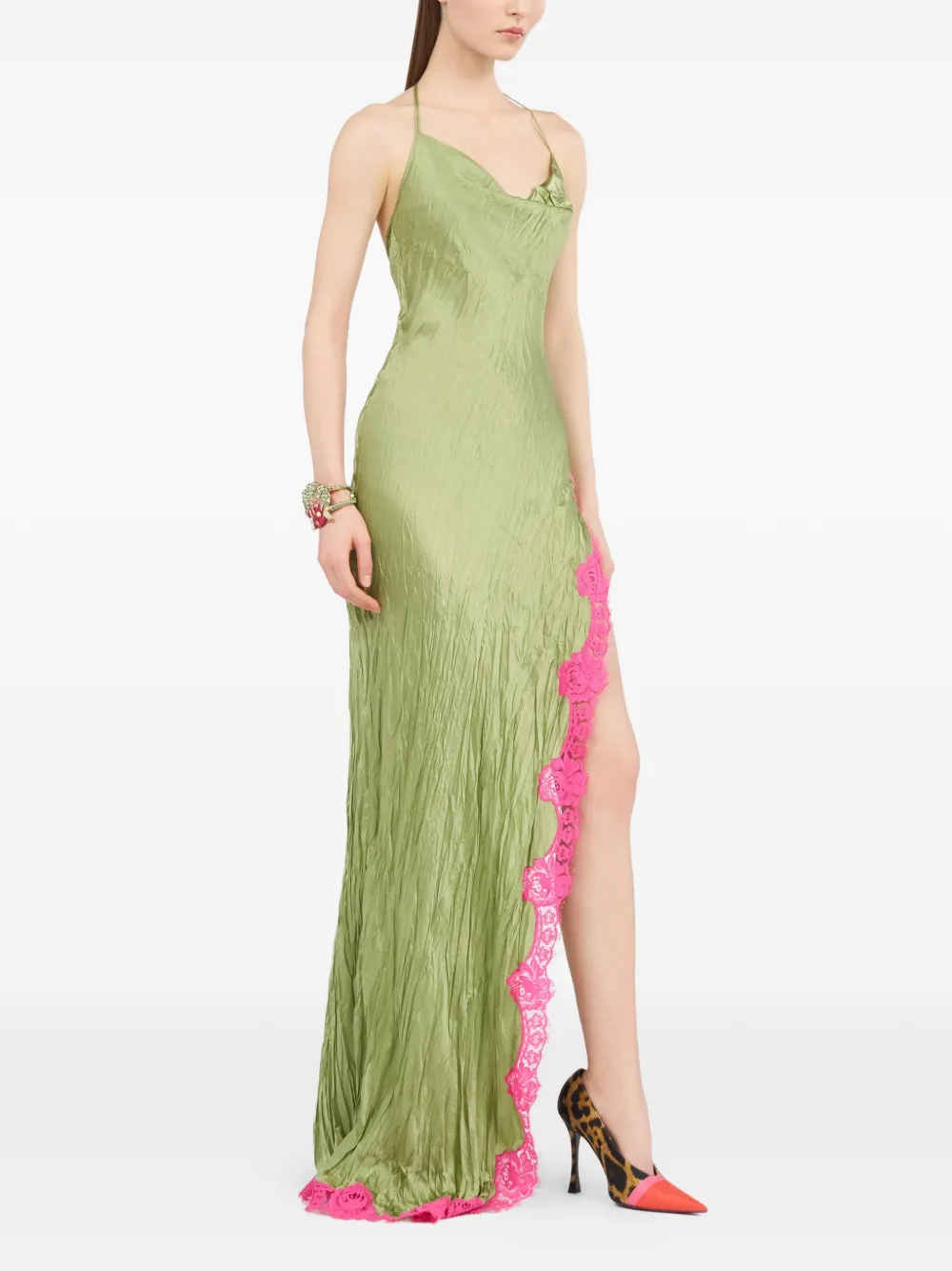 Roberto Cavalli Halterjurk met afwerking van kant Groen