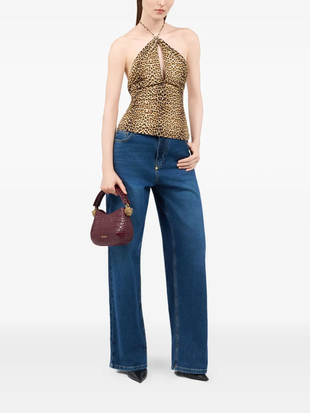 Roberto Cavalli Top met halternek en dierenprint Bruin