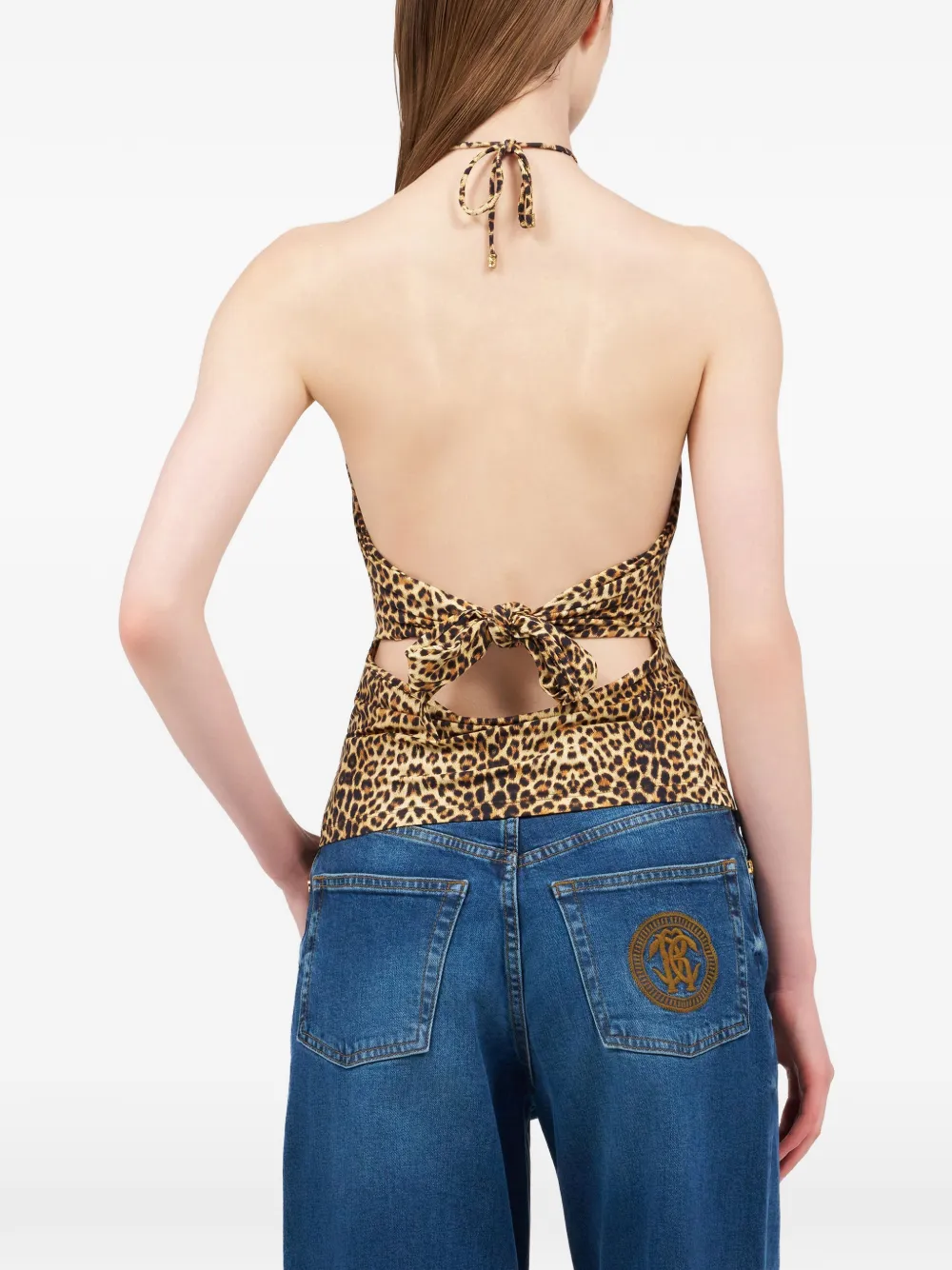 Roberto Cavalli Top met halternek en dierenprint Bruin