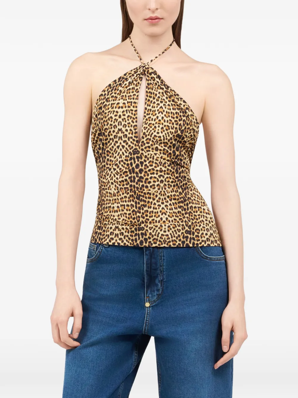 Roberto Cavalli Top met halternek en dierenprint Bruin