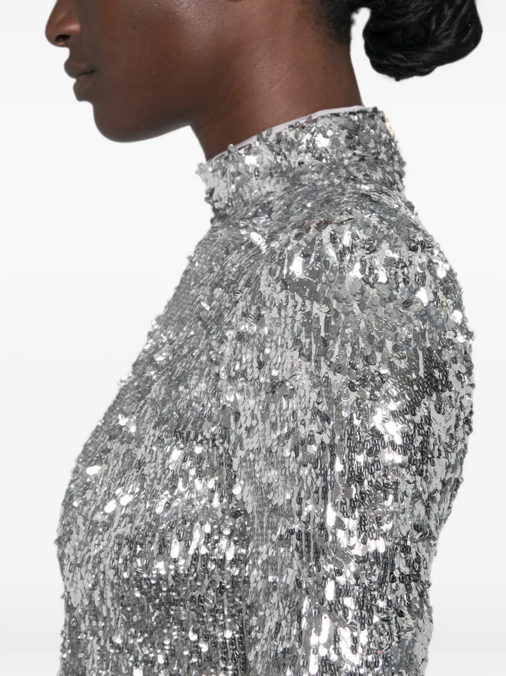 Balmain Mini-jurk verfraaid met pailletten en hoge hals Zilver