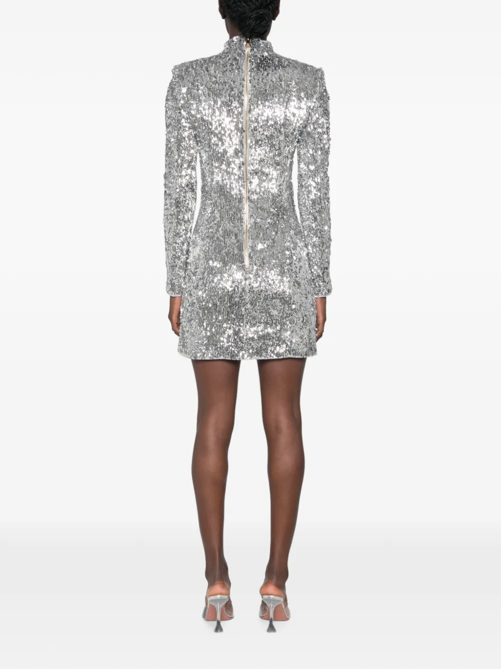 Balmain Mini-jurk verfraaid met pailletten en hoge hals Zilver